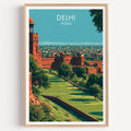 Red Fort Delhi India travel poster in a natural wood frame, shown against a clean white wall