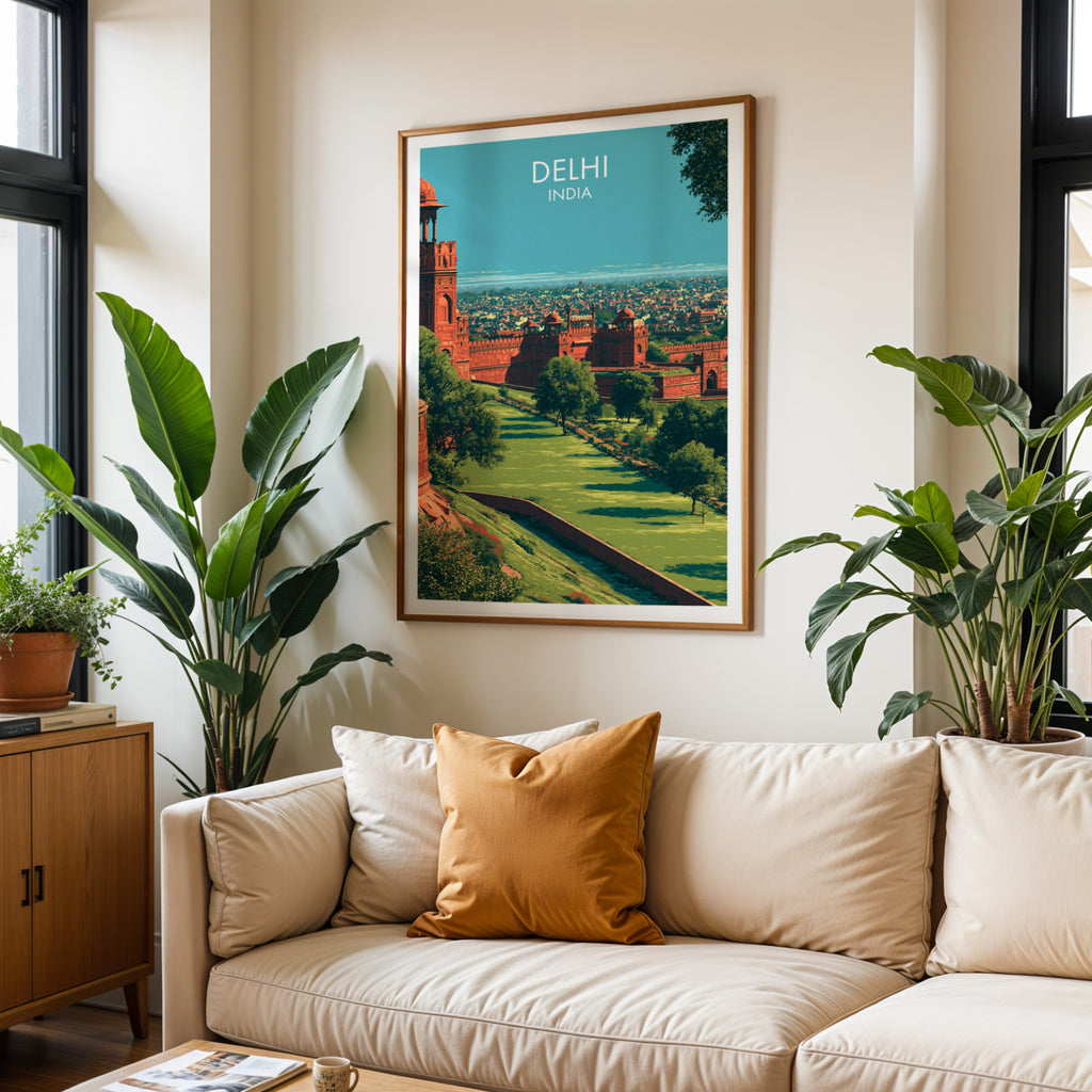 Framed Red Fort Delhi India wall art hanging above a cream sofa in a bright living room with tropical plants