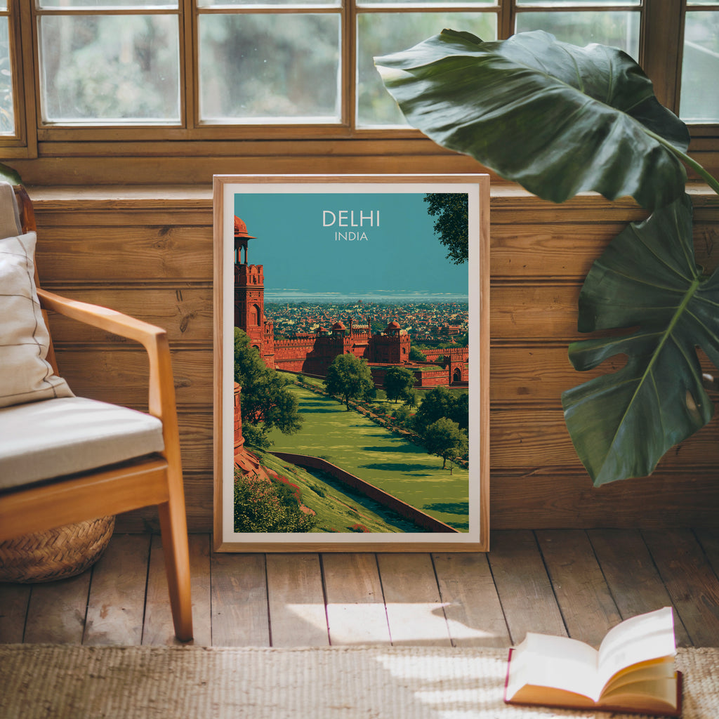 Framed Red Fort Delhi India poster leaning against a timber cabin wall with monstera leaves and an open book