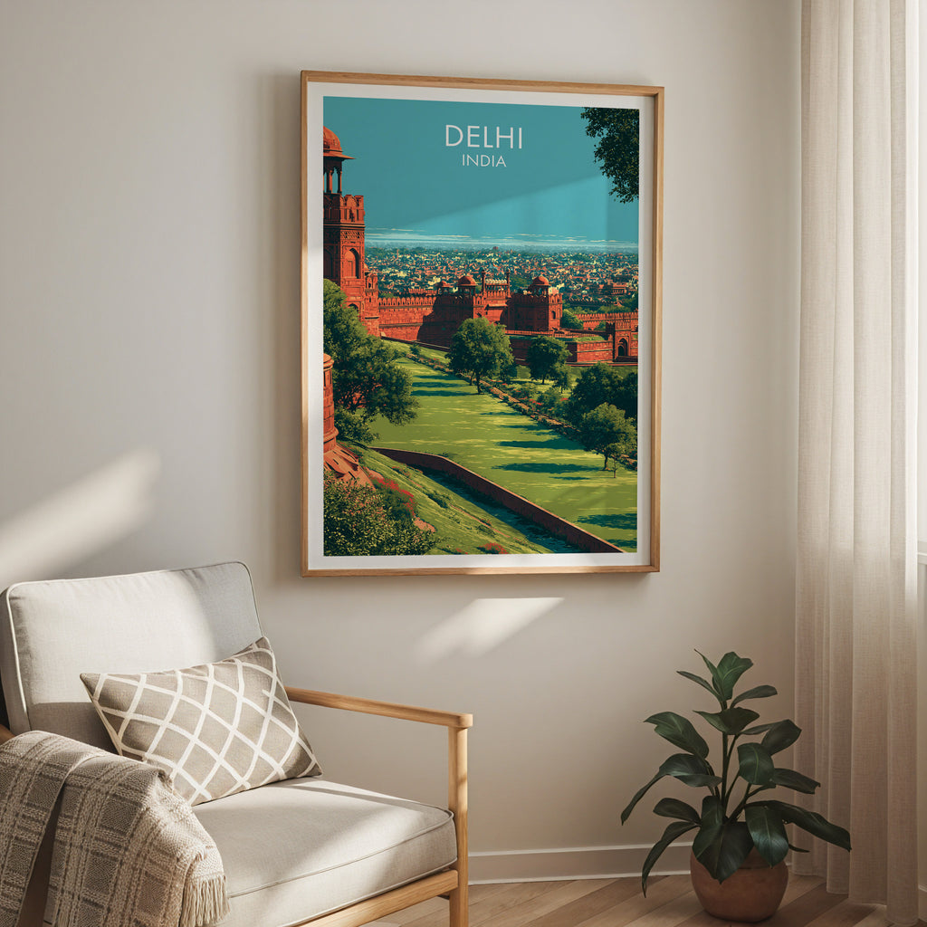 Red Fort Delhi India travel print in a light oak frame on a living room wall beside a linen armchair