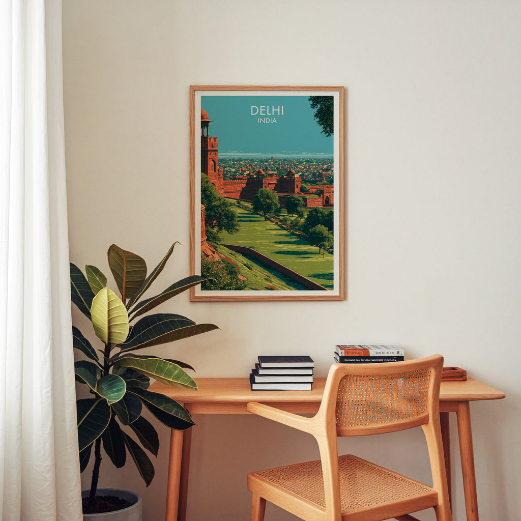 Red Fort Delhi India wall art above a wooden home office desk with a rattan chair and books