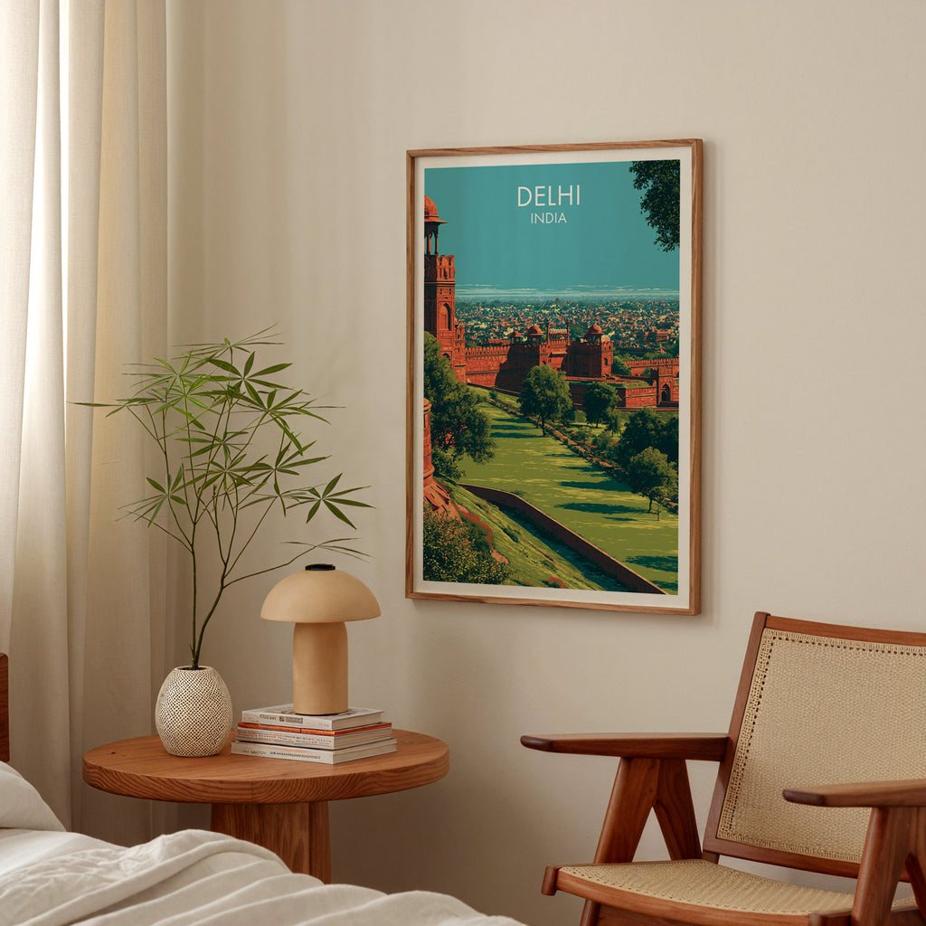 Red Fort Delhi India poster above a bedroom nightstand with a bamboo plant and mushroom lamp