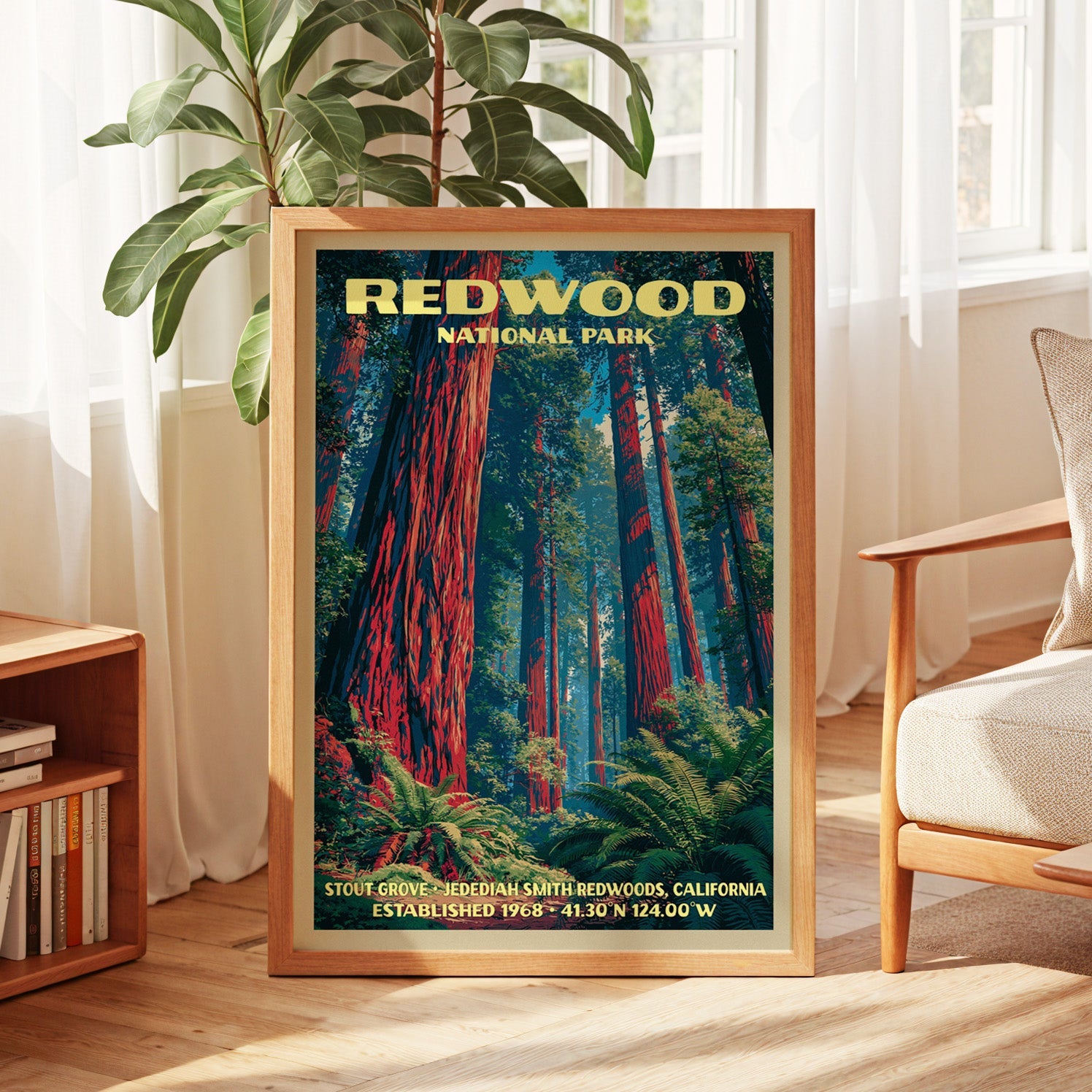 Redwood forest print in oak, leaning by a sunlit window with sheer curtains and a low bookshelf