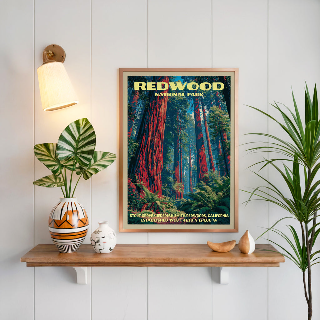 Stout Grove Redwood print framed on white panelling above an oak shelf with a patterned vase and sconce