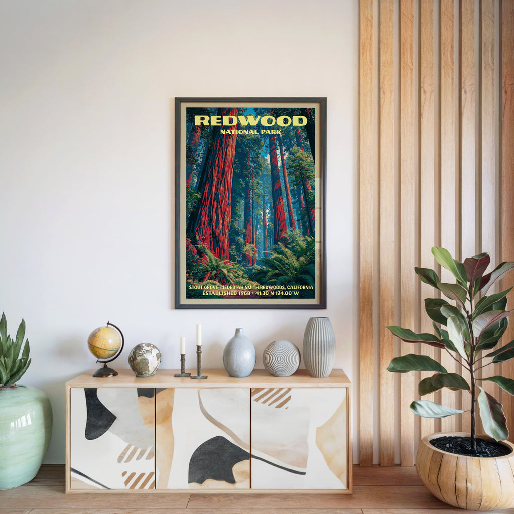 Redwood National Park print in a black frame above a light wood sideboard by a slatted wall panel