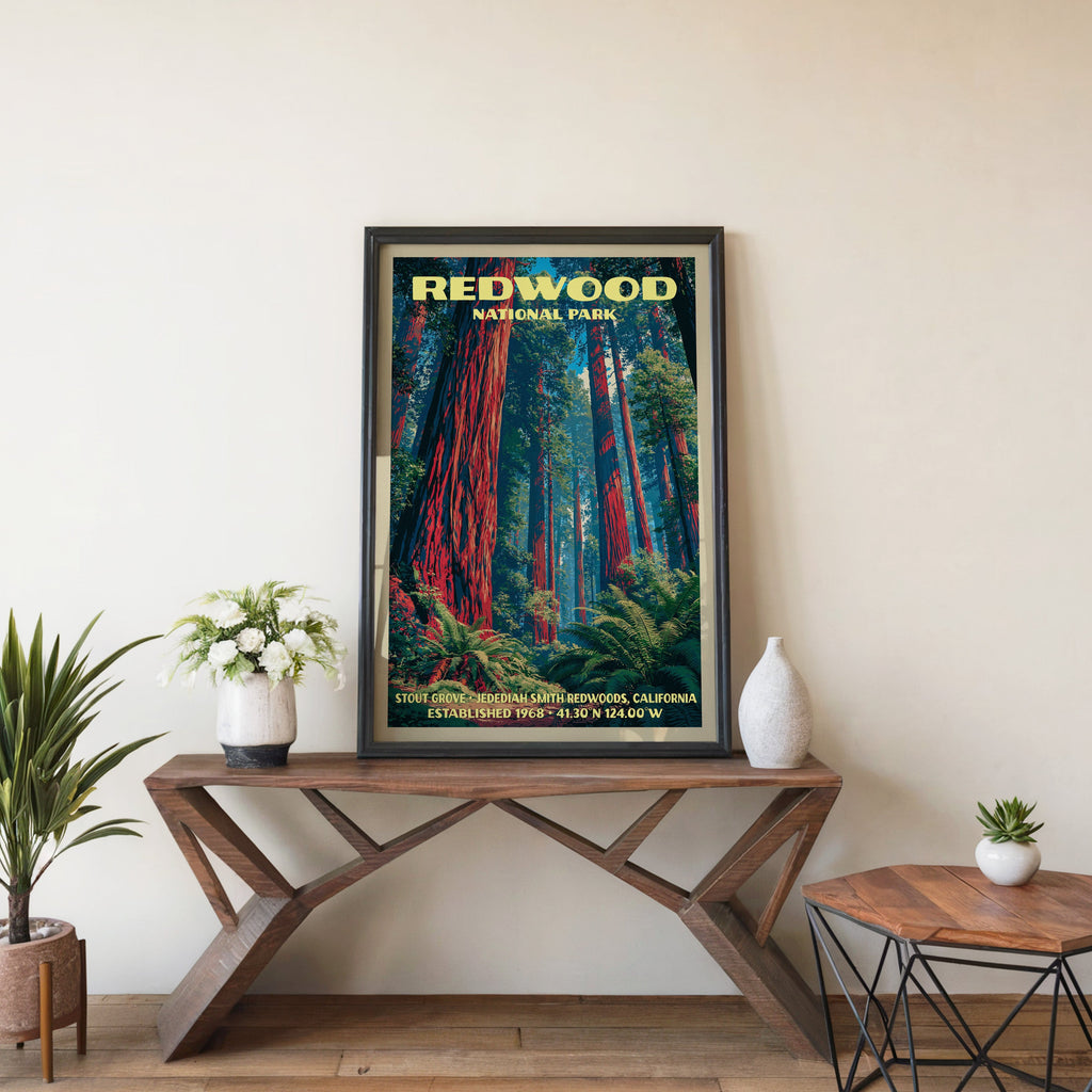 Redwood Stout Grove wall art in black, leaning on a walnut console with white anemones and a vase