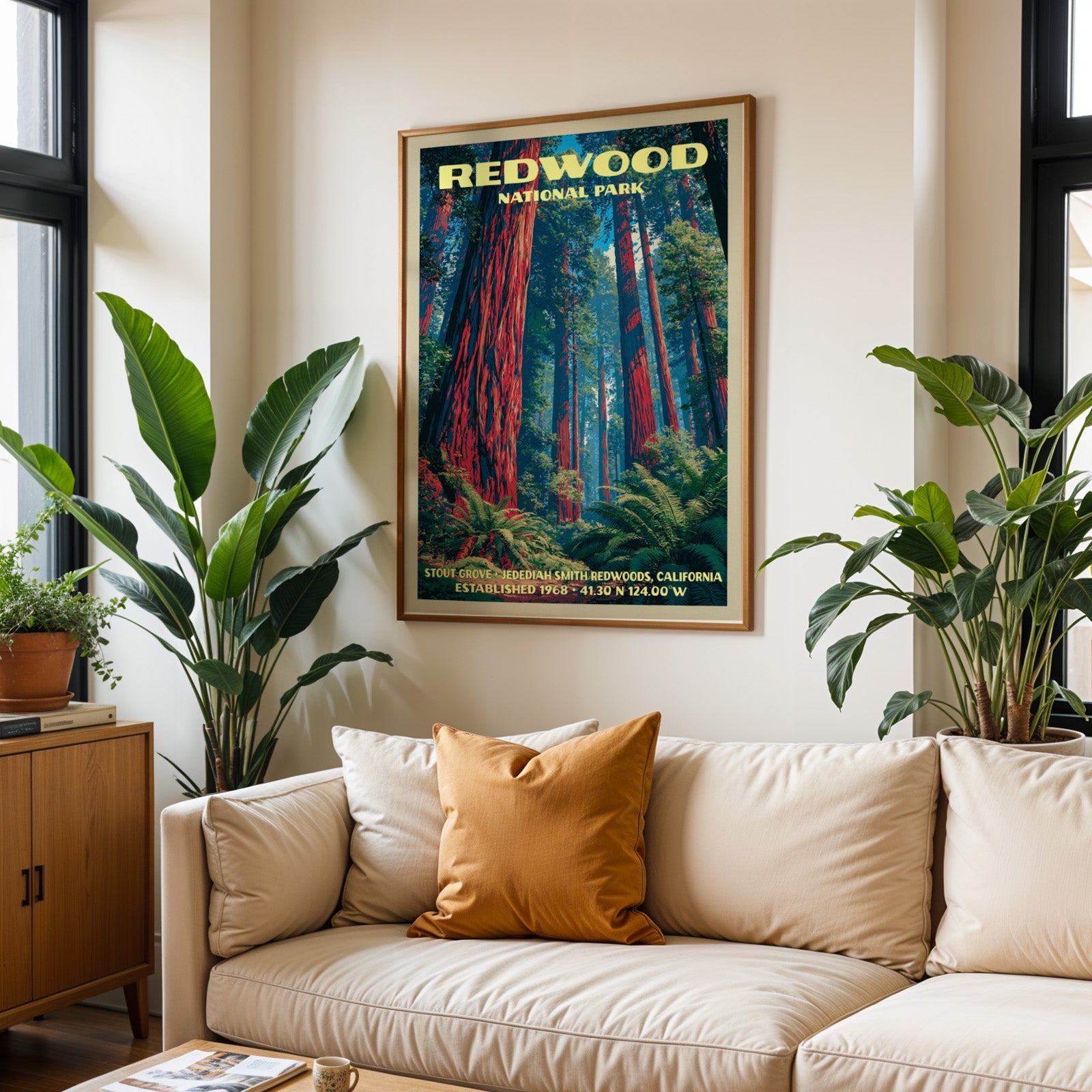 Redwood vintage travel print in oak above a cream sofa with a rust cushion and tall houseplants