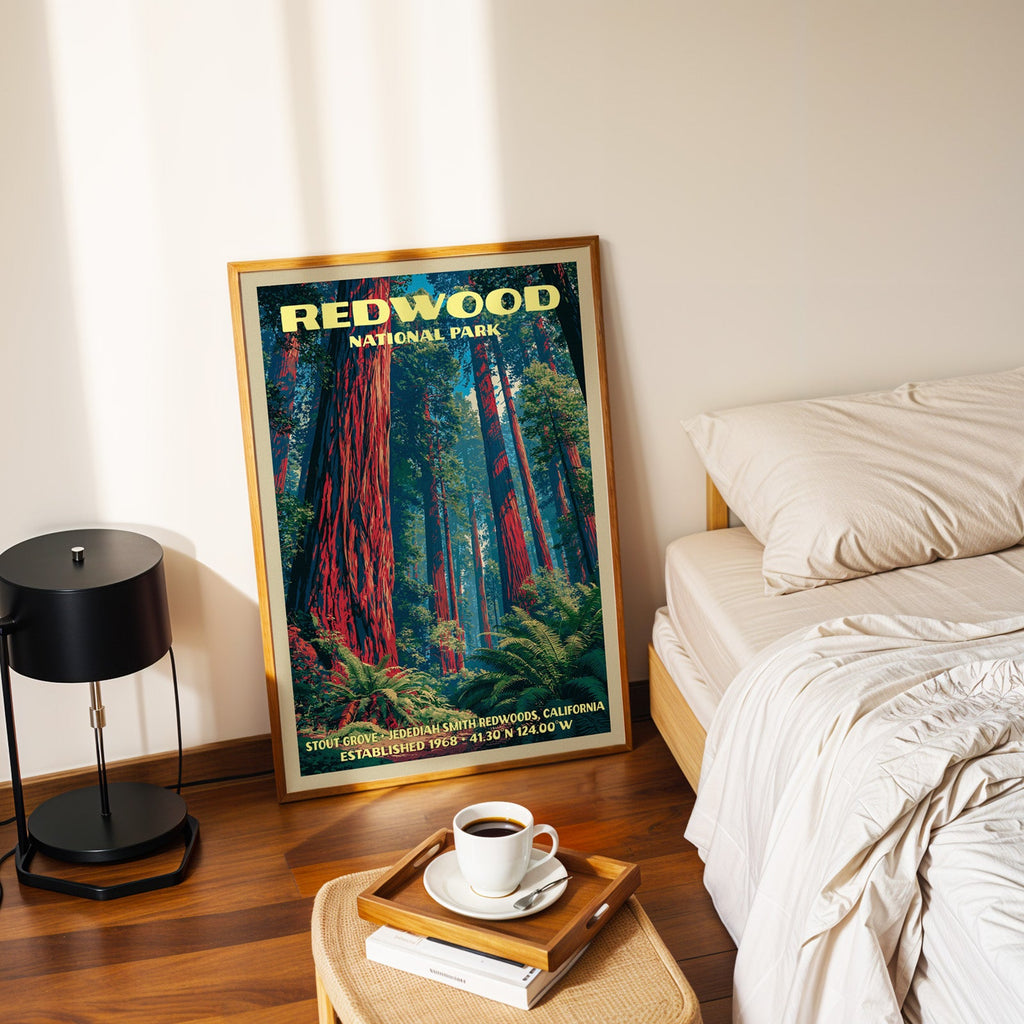Stout Grove Redwood print in a gold frame on the floor beside a made bed and a black table lamp