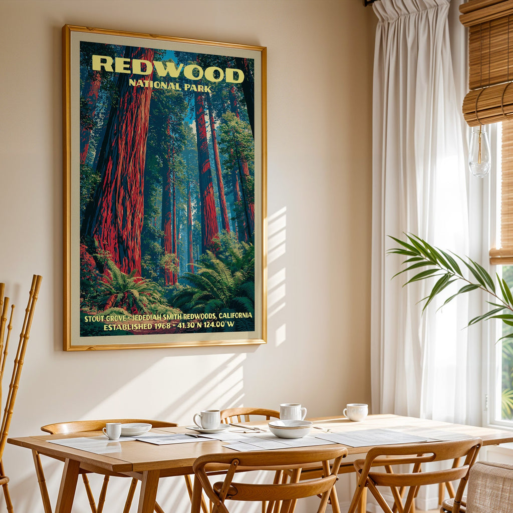 Redwood National Park print in gold above a light oak dining table by a curtained window