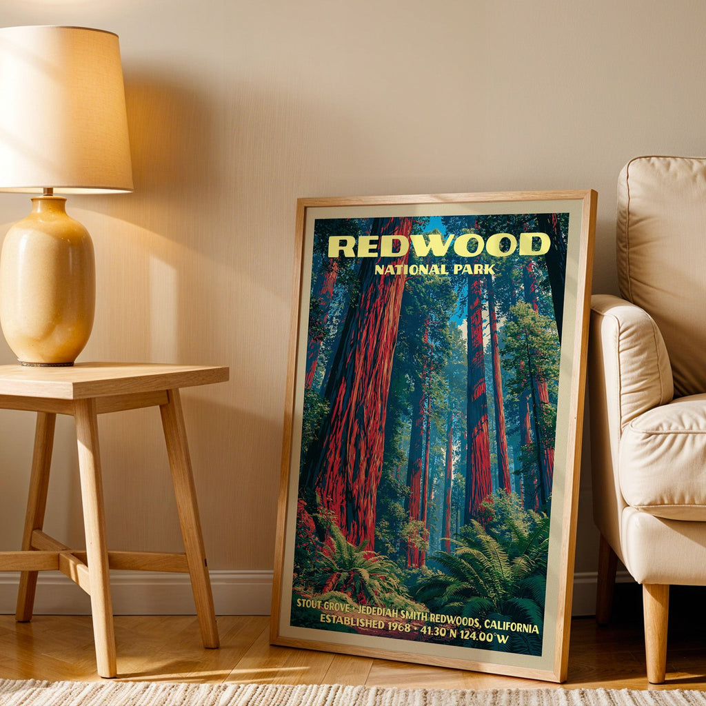 Stout Grove Redwood wall art in oak, leaning by an armchair and a side table with an ochre lamp