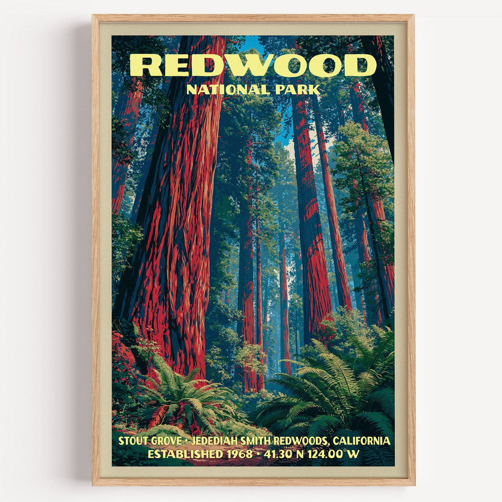 Stout Grove Redwood National Park vintage print in a light oak frame on a plain white wall