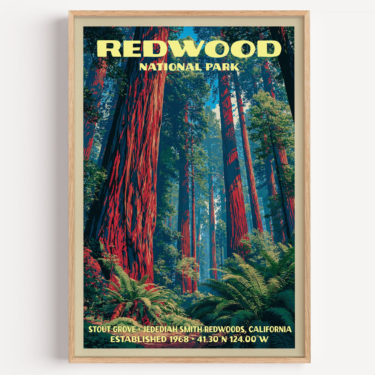 Stout Grove Redwood National Park vintage print in a light oak frame on a plain white wall