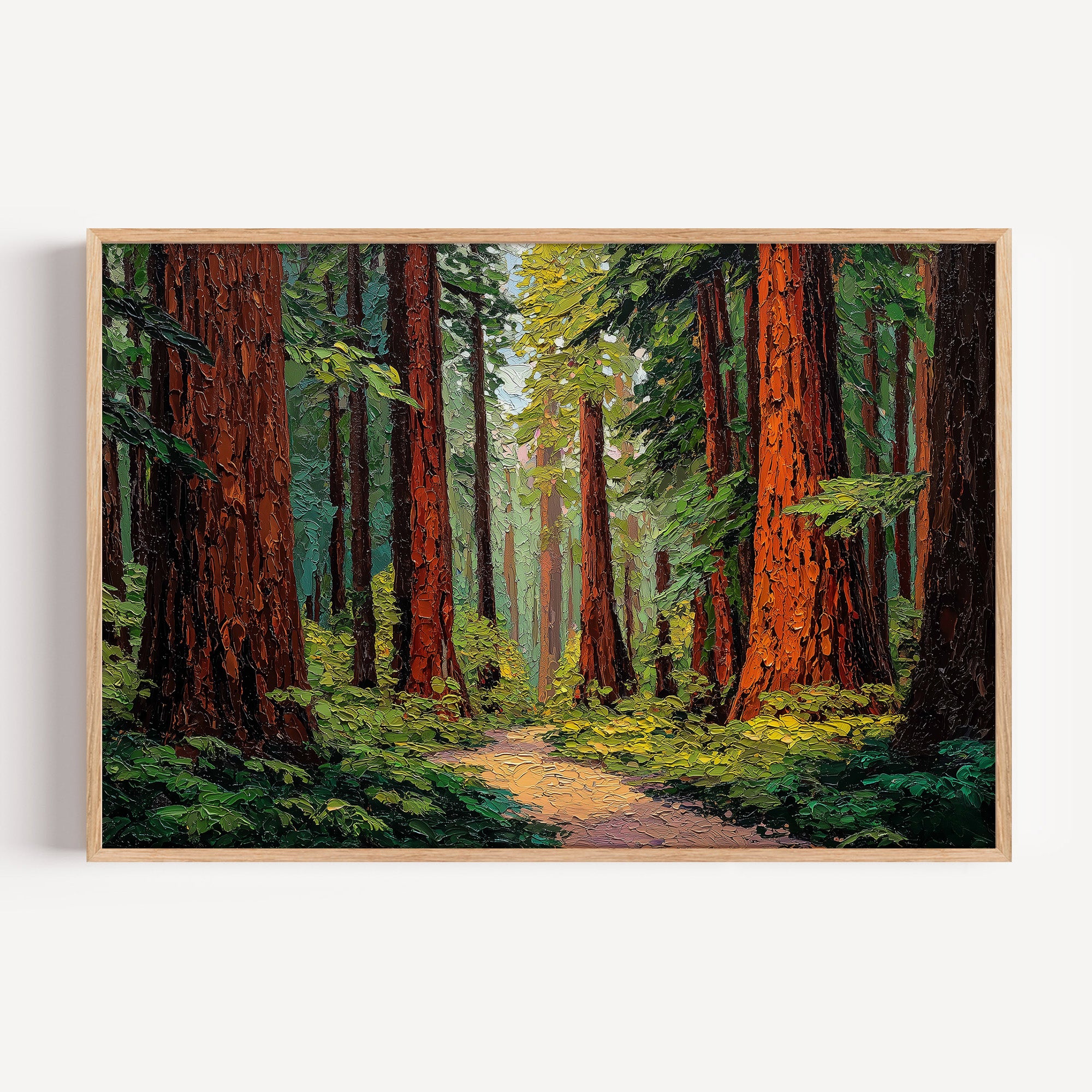 Redwood National Park oil painting print in an oak frame: a trail between towering redwood trunks