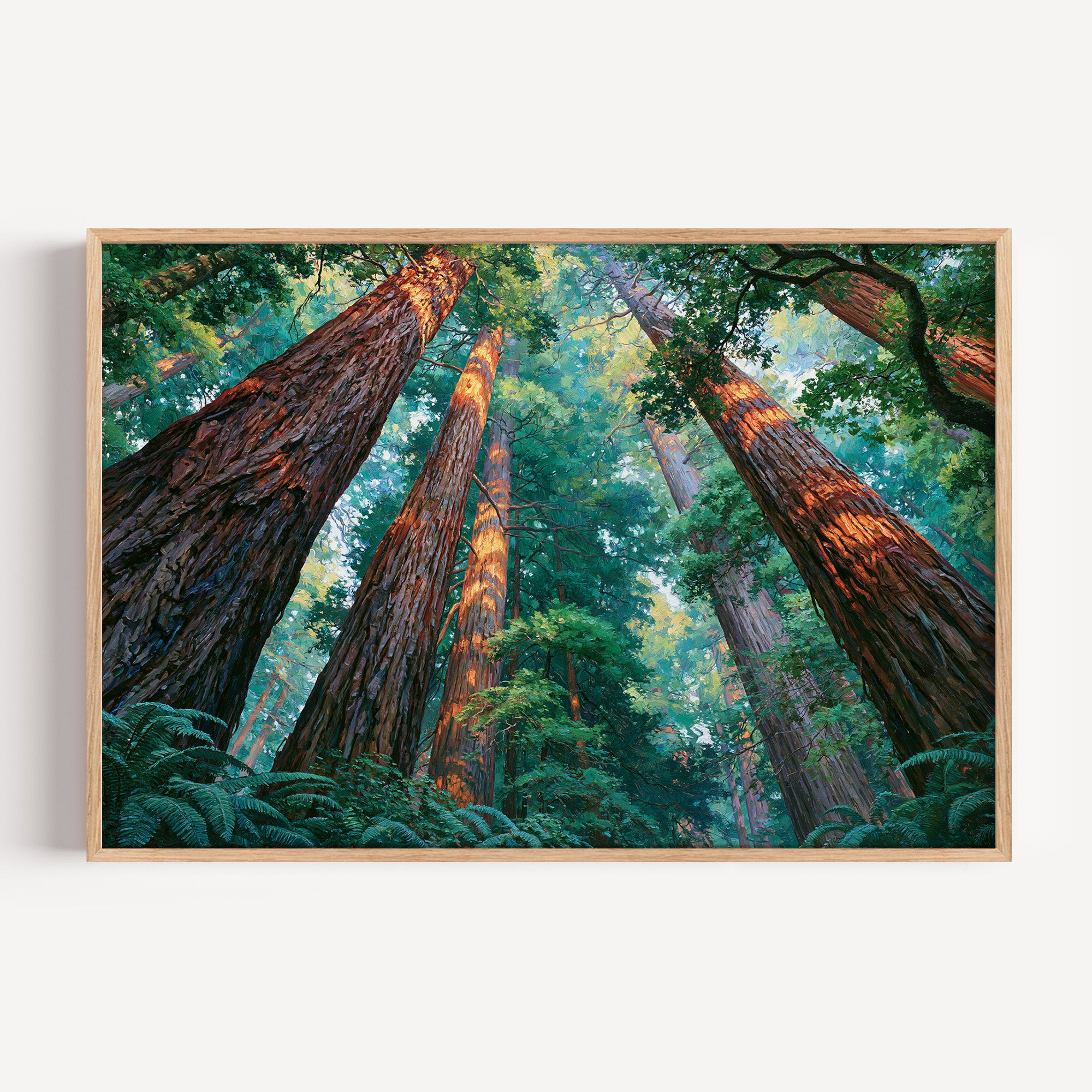 Redwood National Park classical oil painting print in an oak frame: towering redwood trunks