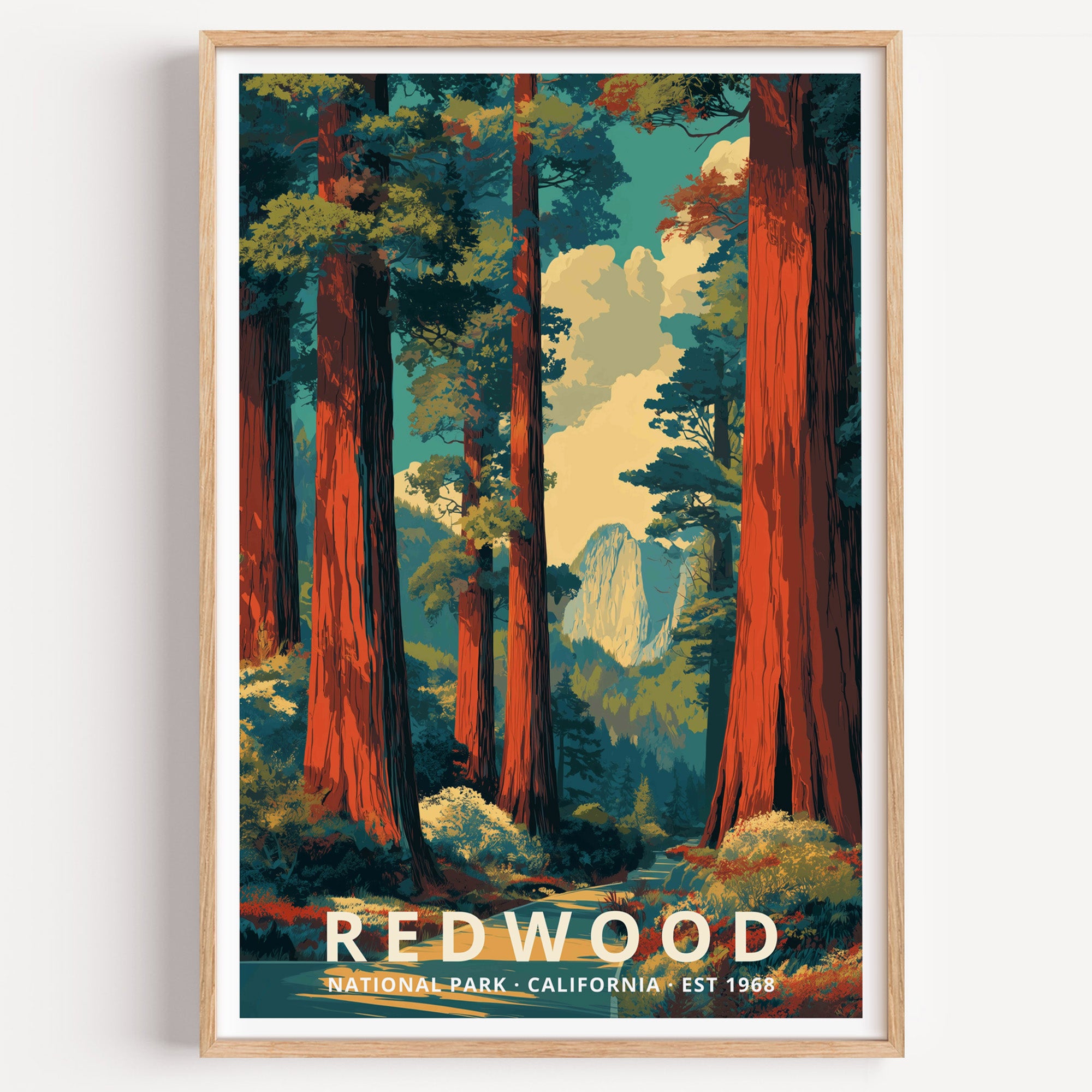 Redwood National Park retro travel poster — towering redwood trunks rising past the frame in dappled forest light, California
