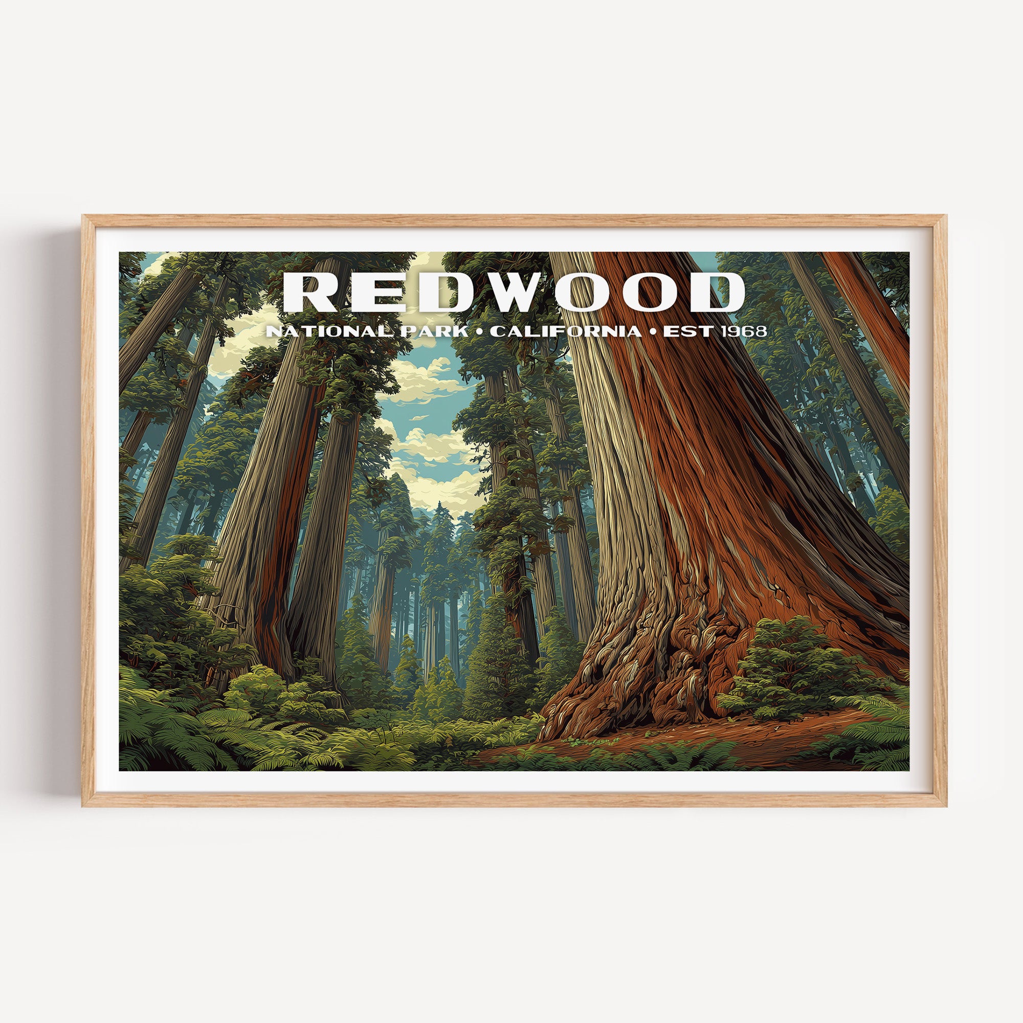 Towering old-growth redwood trunks rising to a patch of sky above sword ferns — Redwood National Park vintage WPA travel poster print