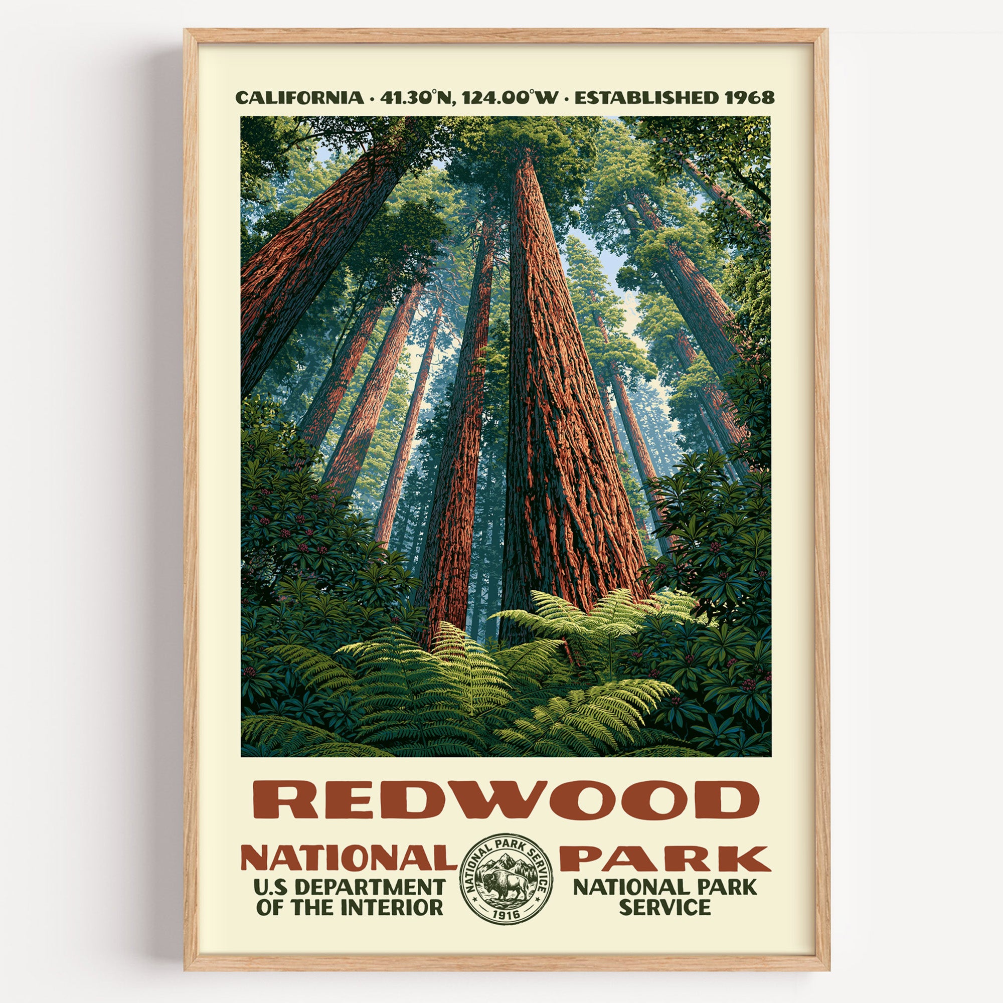 Redwood National Park vintage WPA poster in a wood frame, coast redwood trunks soaring into the canopy above sword ferns
