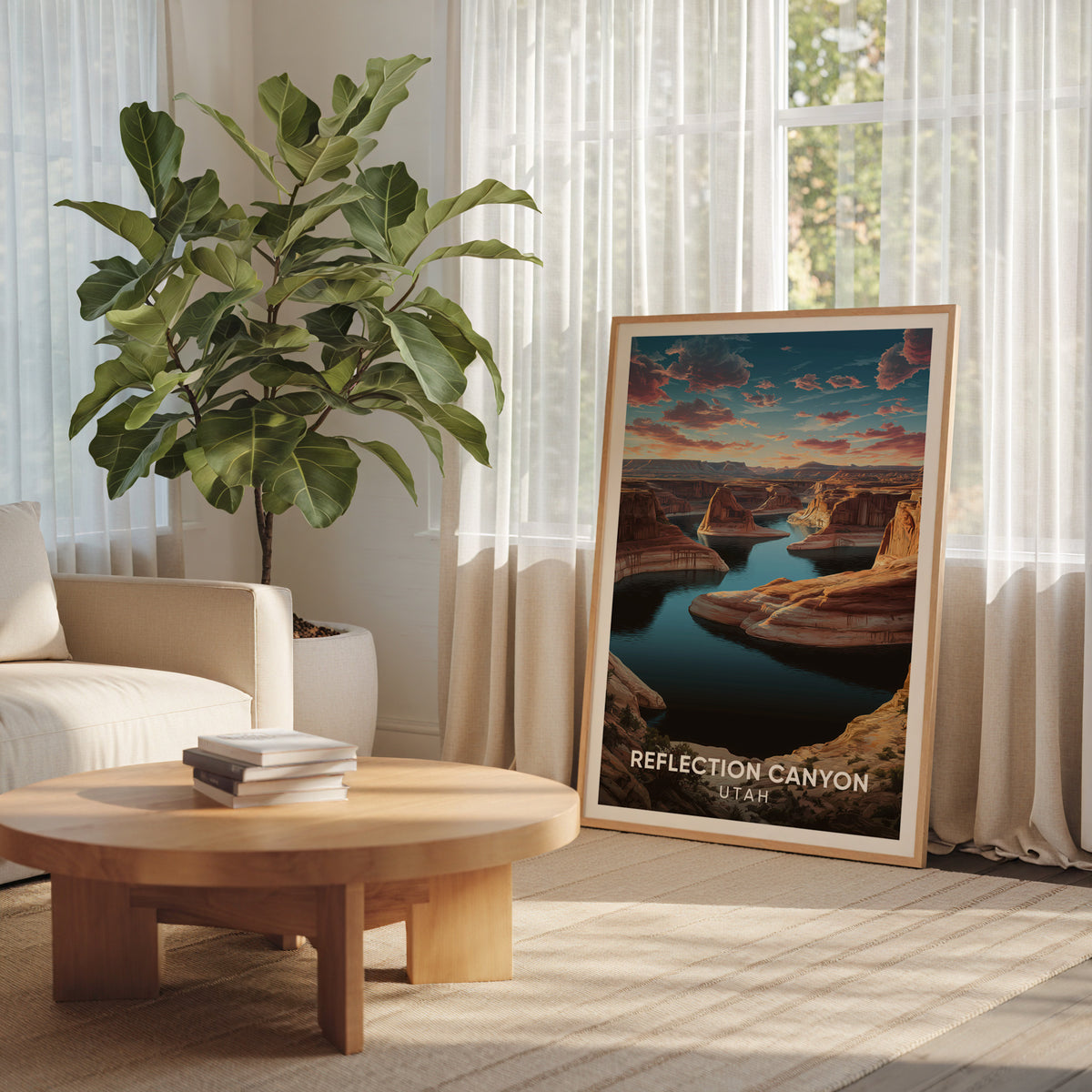 Utah sandstone print in an oak frame by a curtained window with a broad-leafed plant and round table