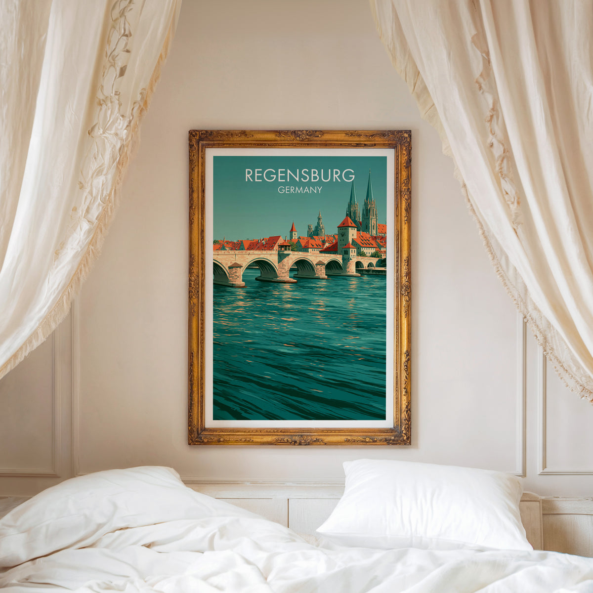 Regensburg travel poster, ornate gold frame above a white bed with linen canopy curtains