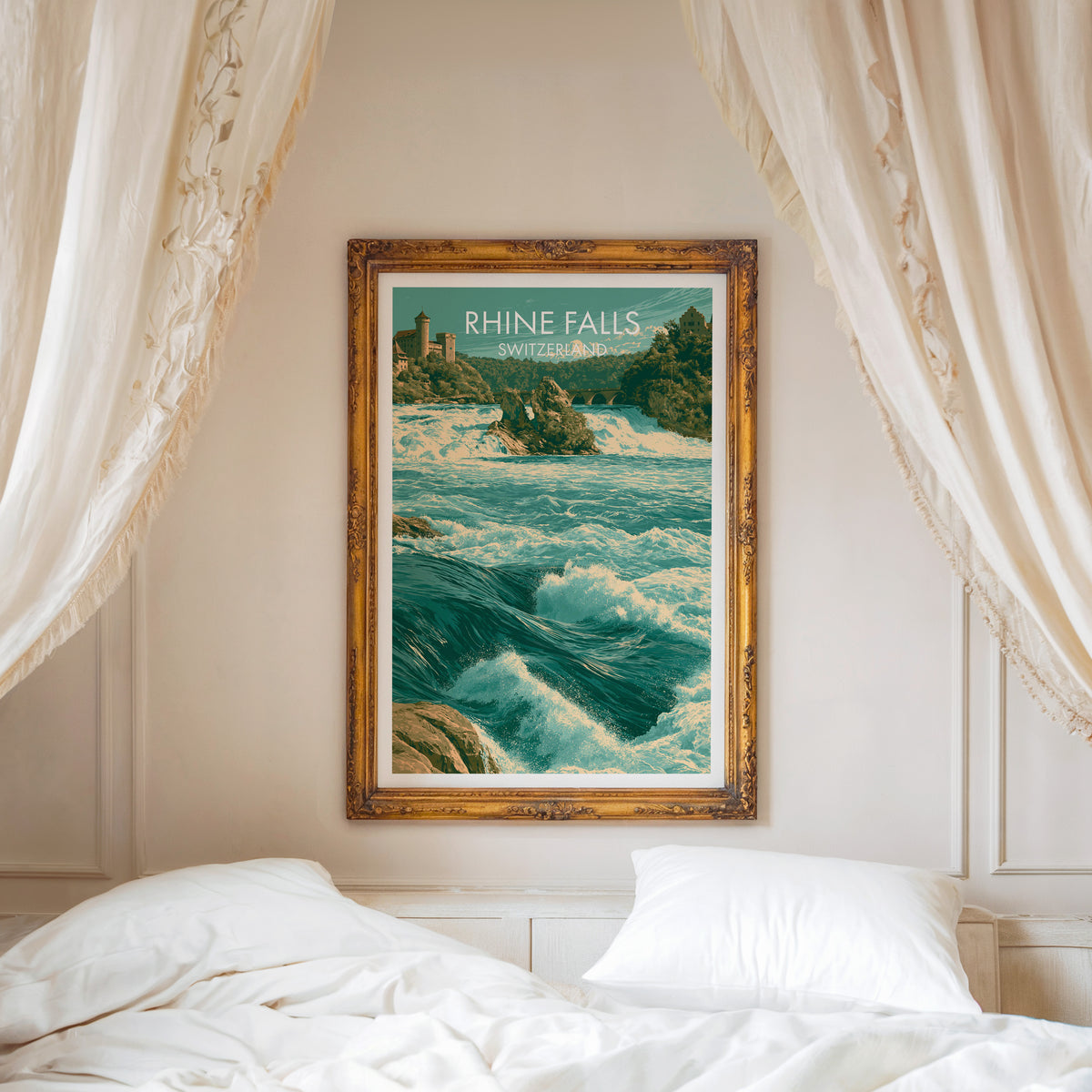 Rhine Falls travel poster, ornate gold frame above a white bed with linen canopy curtains