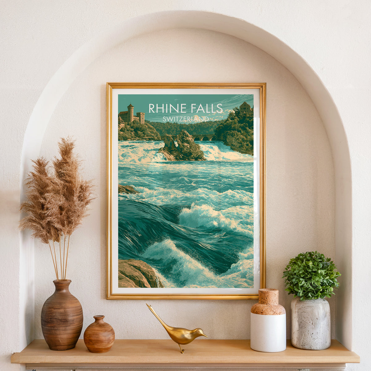Rhine Falls castle poster, gold frame in an arched wall niche above pampas grass in a clay vase