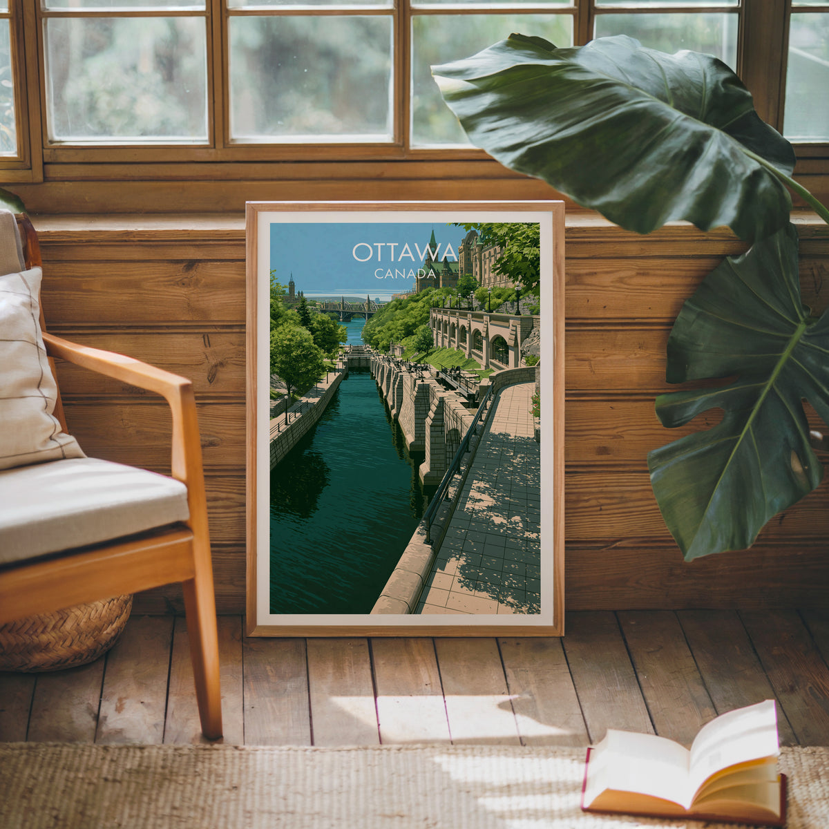 Ottawa Rideau Canal travel print in an oak frame against a pine cabin wall beside a monstera