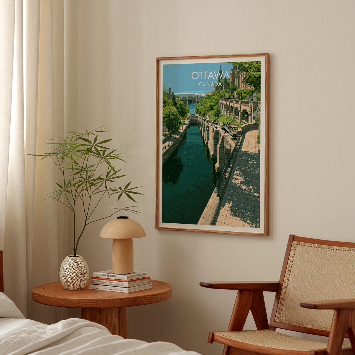 Rideau Canal Ottawa poster in an oak frame above a bedside table with a mushroom lamp
