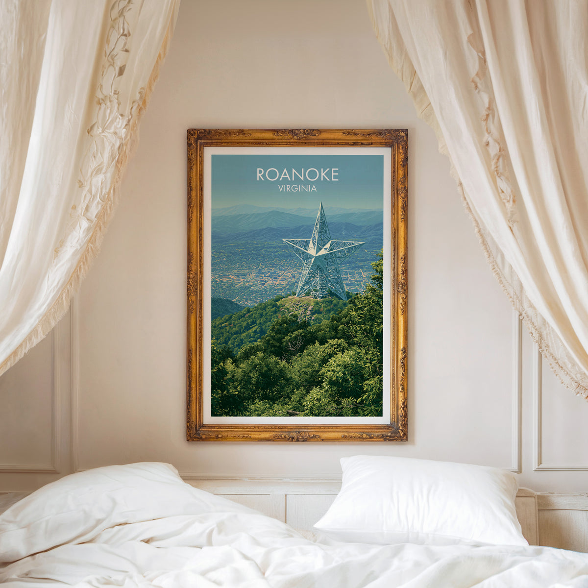 Roanoke travel art in a carved gold frame above a white bed with a linen canopy.