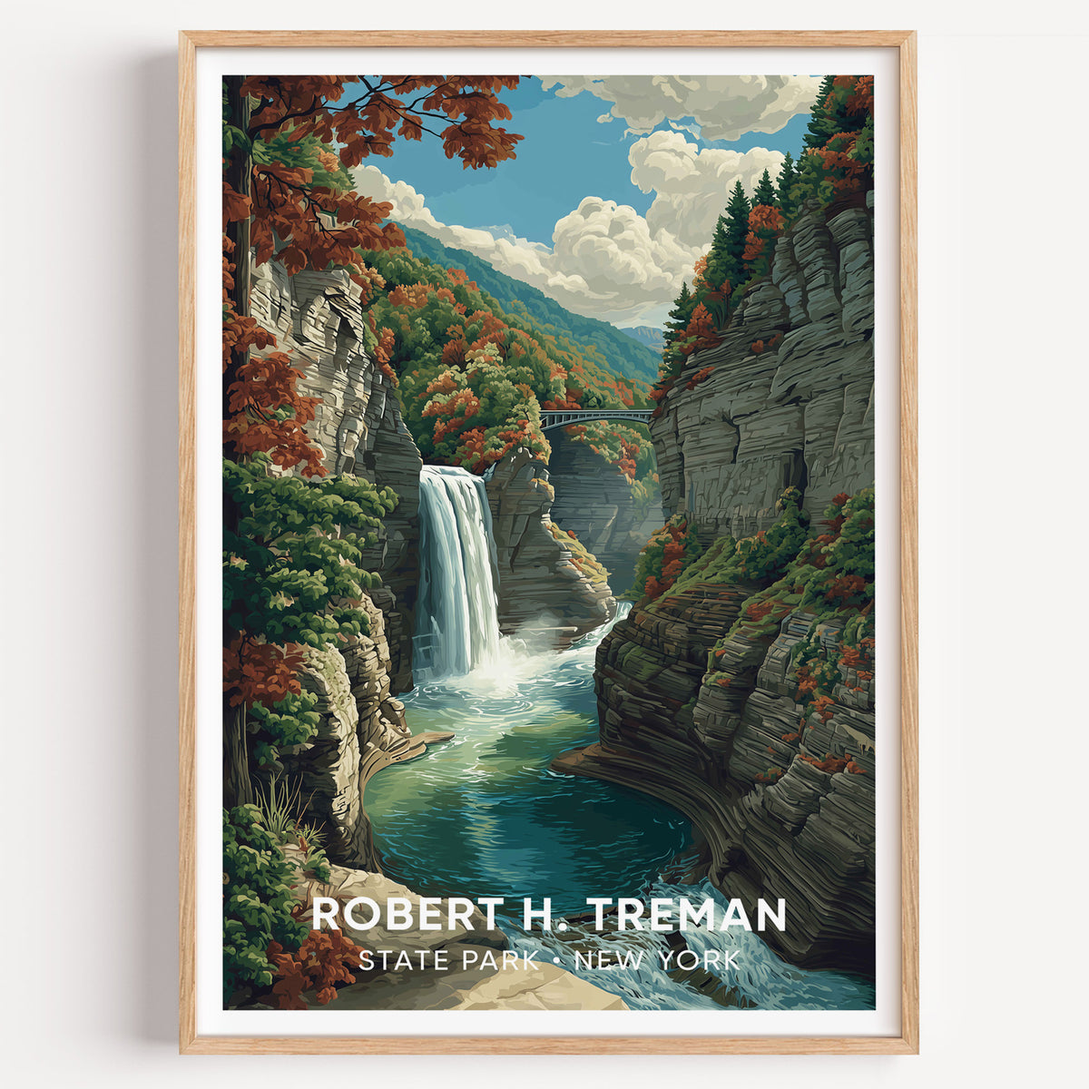 Robert H. Treman State Park travel poster in an oak frame on a plain white wall, shot straight on