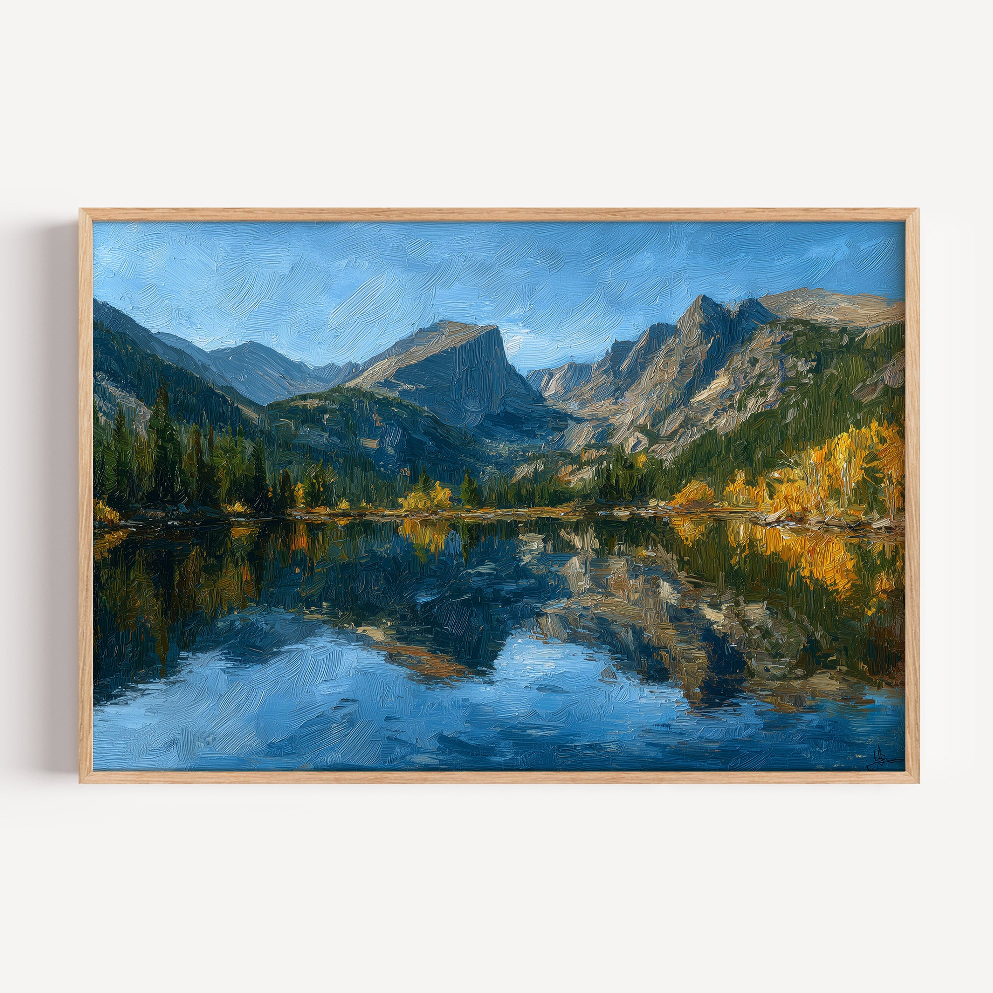 Rocky Mountain National Park oil painting print in an oak frame: peaks mirrored in an alpine lake