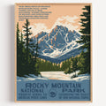Rocky Mountain National Park wall art print in a thin wood frame, a snow-capped peak above a still lake and pines