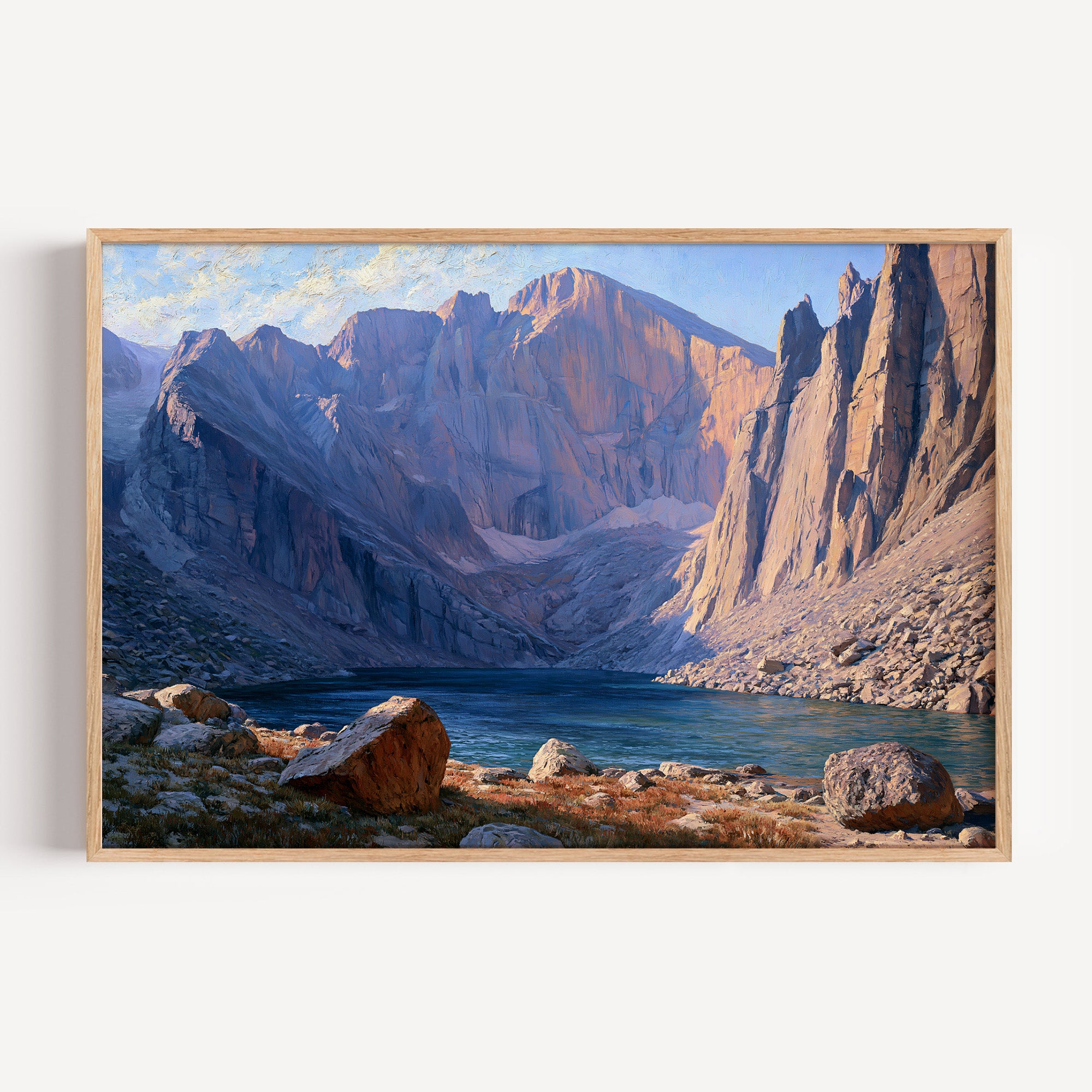 Rocky Mountain classical oil painting print in an oak frame: an alpine lake below a granite face