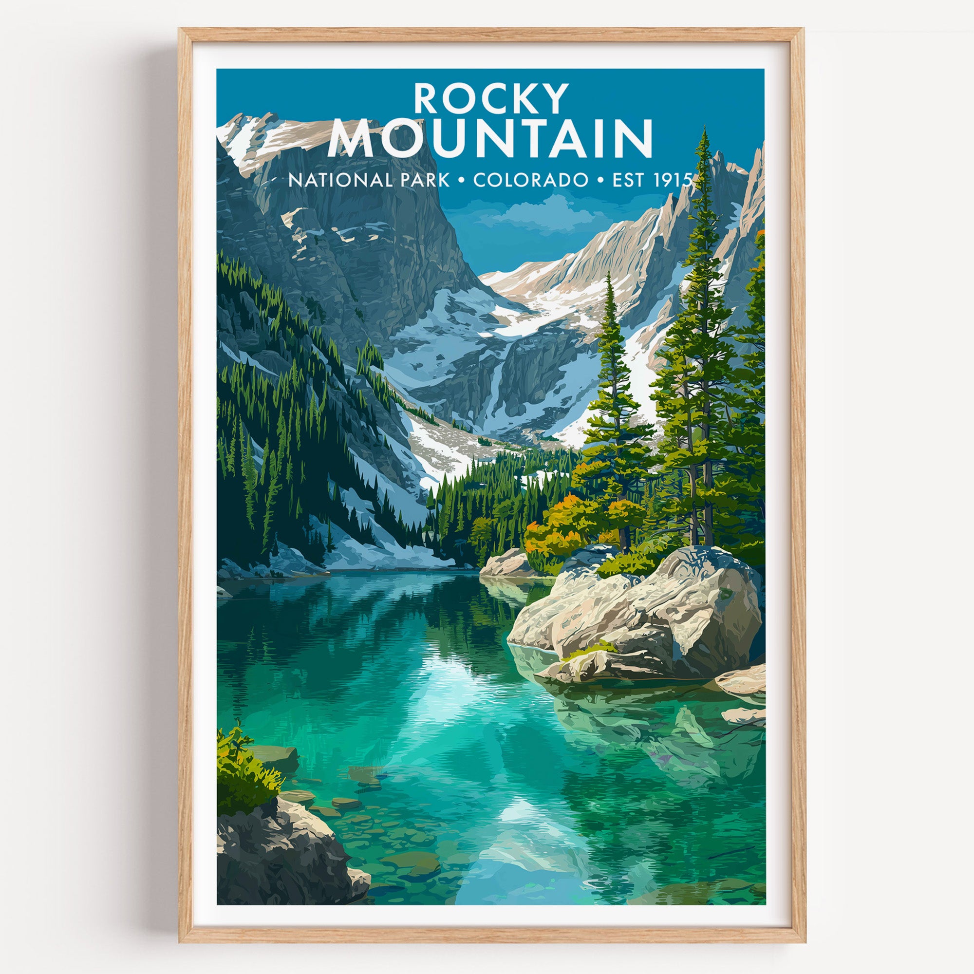 Rocky Mountain National Park mid-century modern art print — a glacial cirque lake running clear over pale stone below Hallett Peak