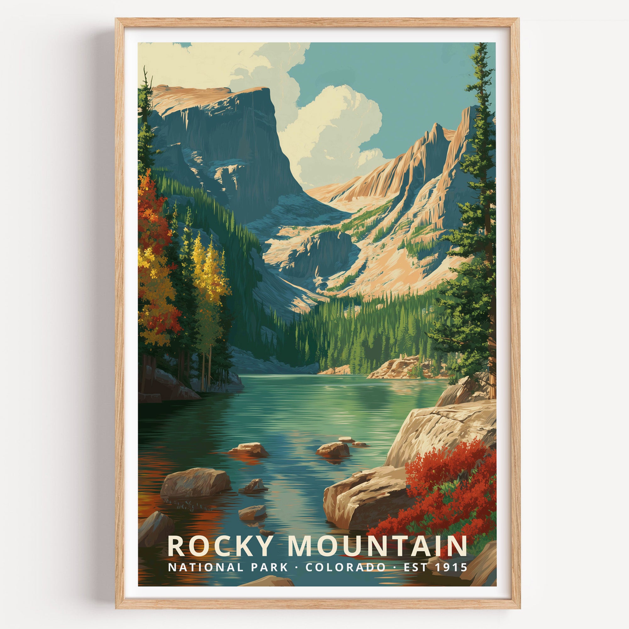 Rocky Mountain National Park retro travel poster — Hallett Peak above an alpine lake framed by golden aspens, Colorado