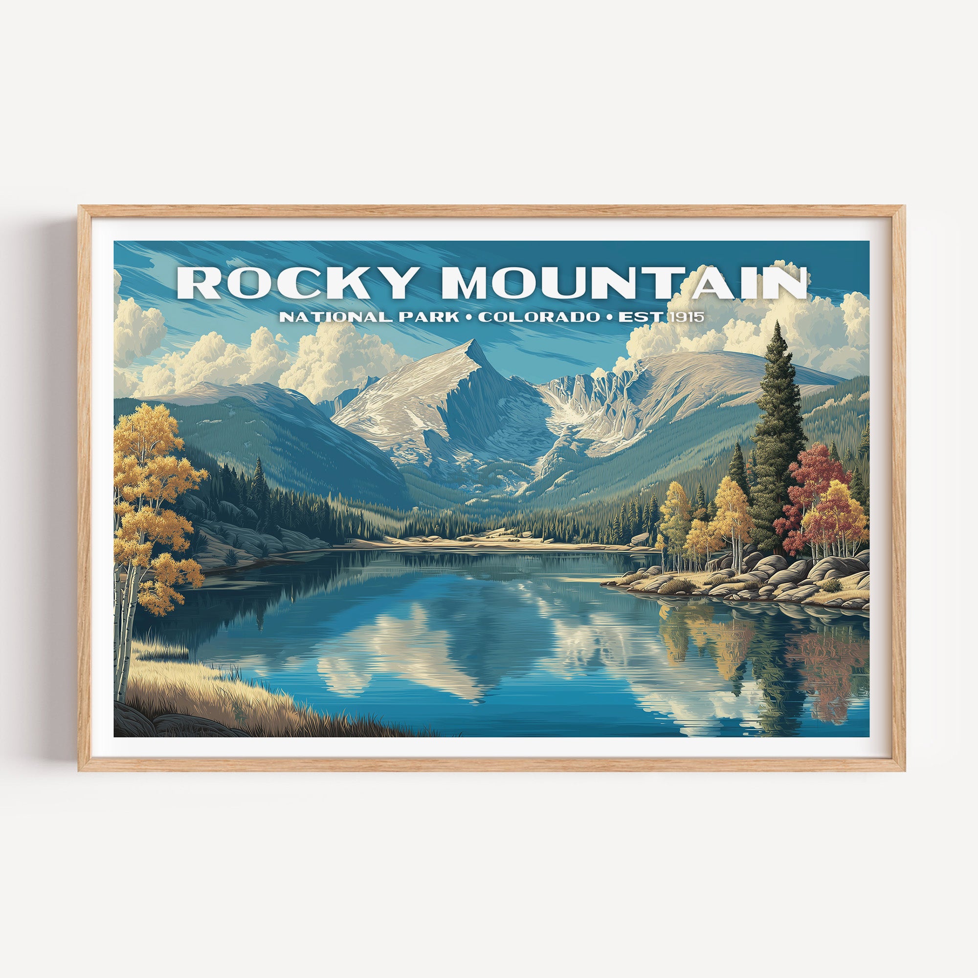 Golden aspens along a still alpine lake reflecting the Continental Divide peaks — Rocky Mountain National Park vintage WPA travel poster print
