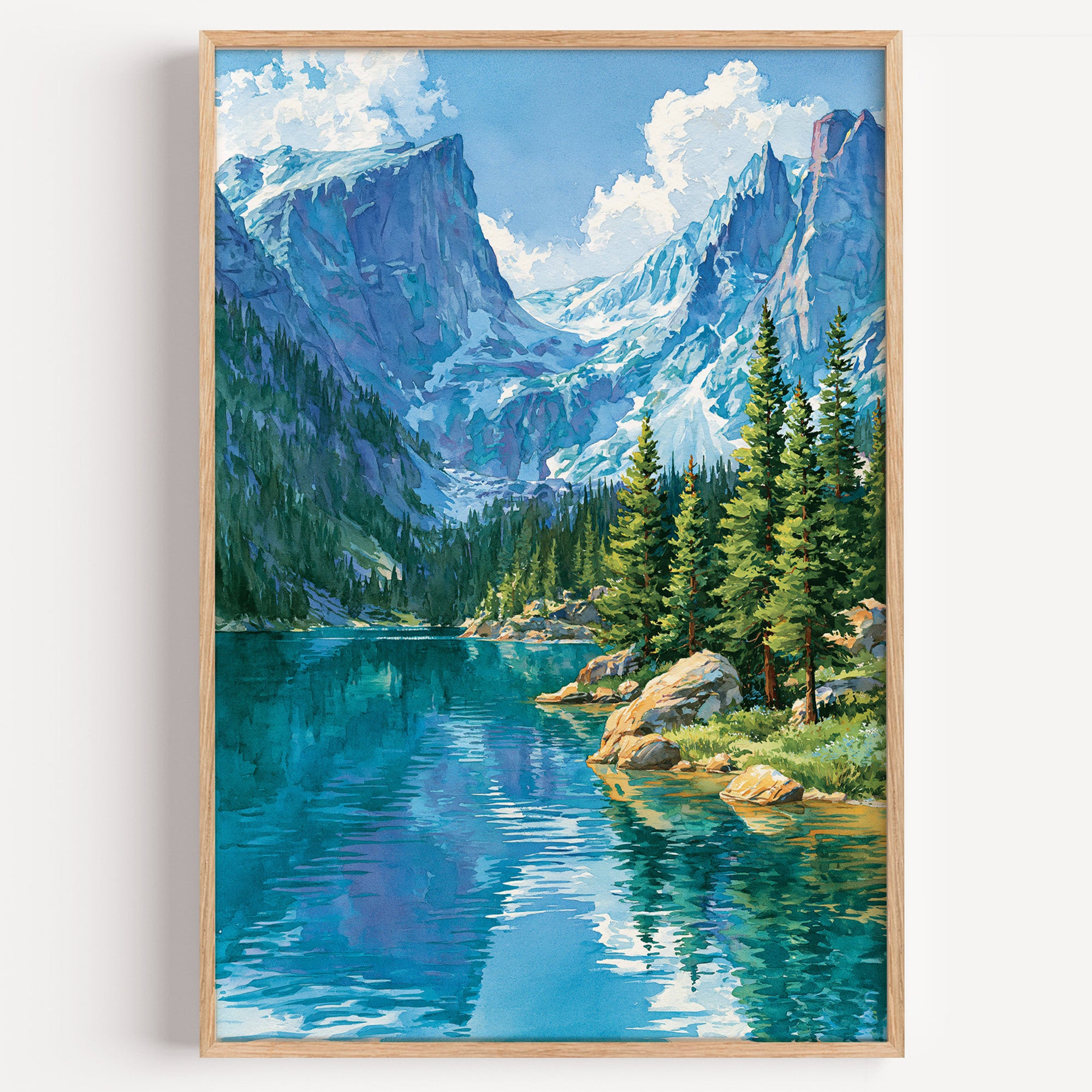 Rocky Mountain National Park watercolor art print: turquoise alpine lake below a snow-filled cirque and fir slopes