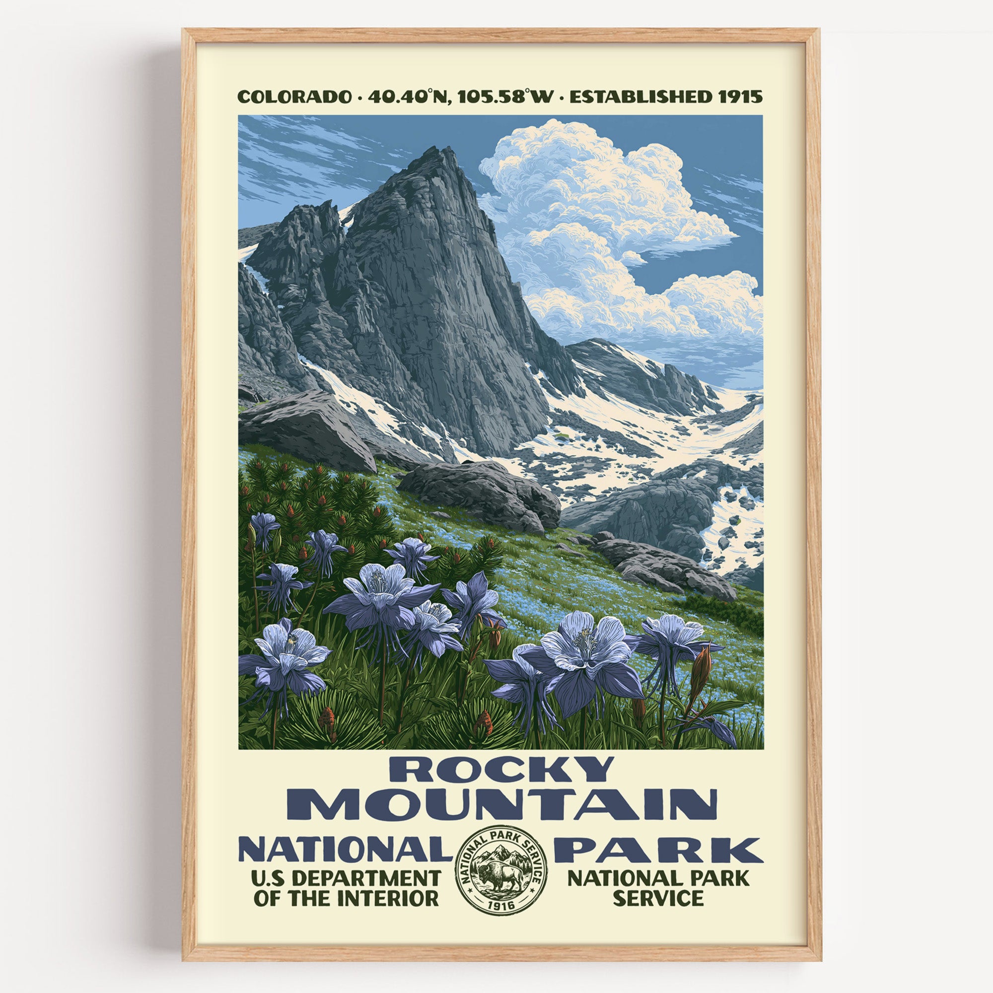 Rocky Mountain National Park vintage WPA poster in a wood frame, a granite peak above an alpine meadow of blue columbine