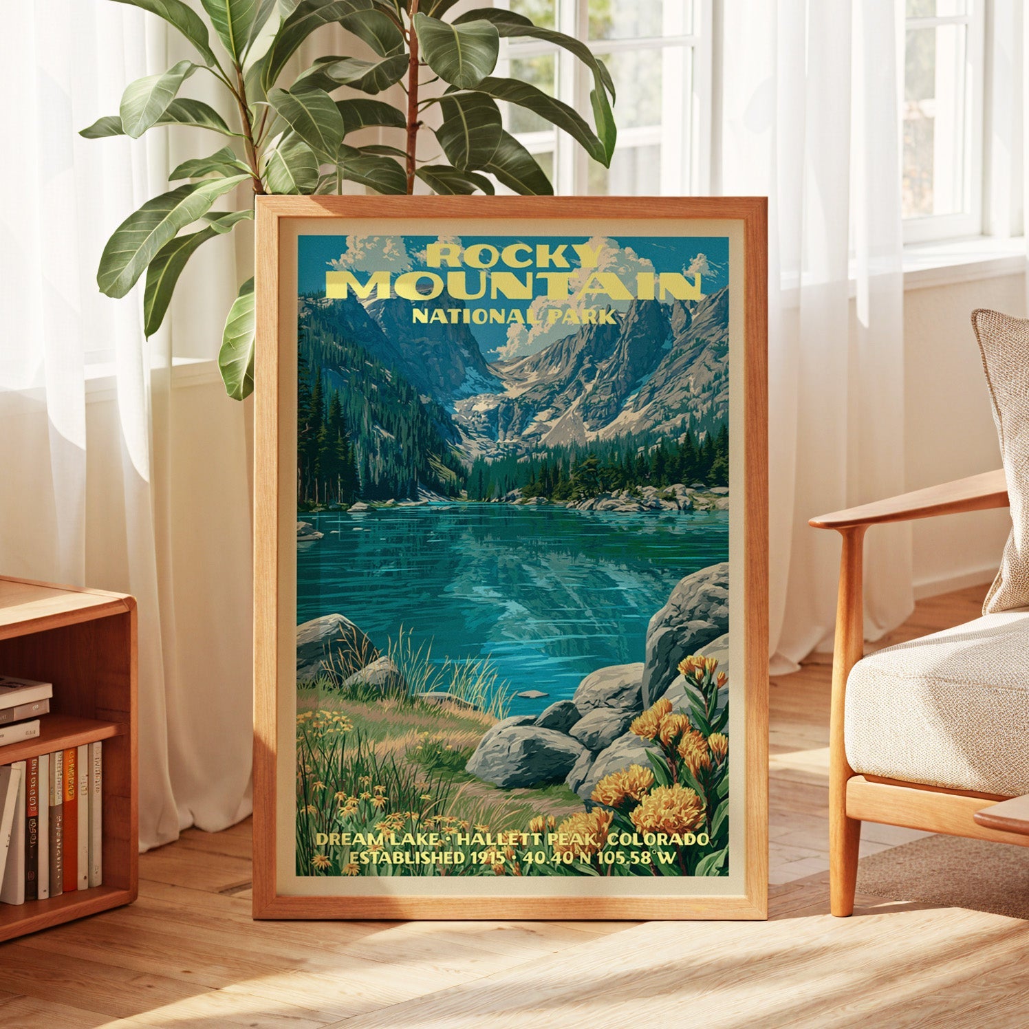 Rocky Mountain alpine lake print in oak, leaning by a sunlit window with sheer curtains and a bookshelf
