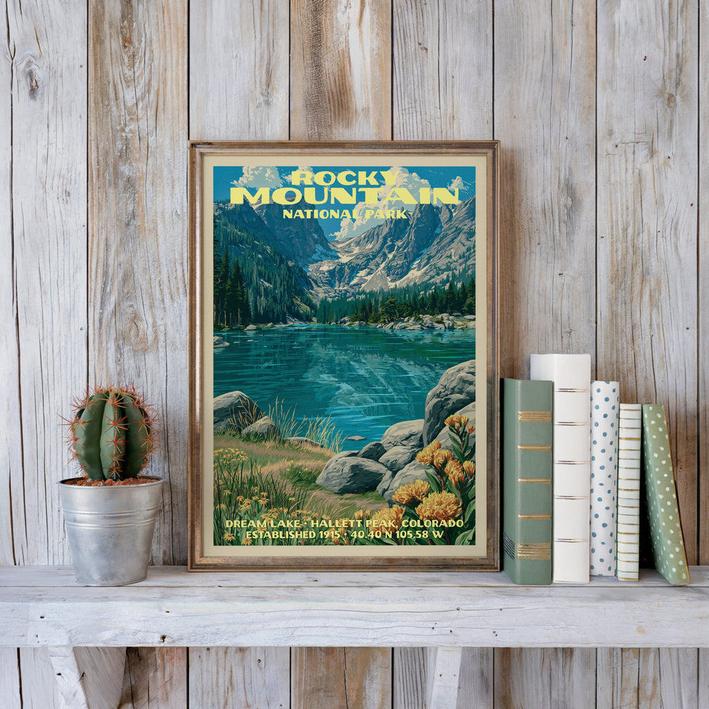 Dream Lake alpine print in a slim gold frame on a whitewashed plank wall beside a cactus and pastel books