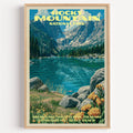 Dream Lake Rocky Mountain National Park vintage print in a light oak frame on a plain white wall