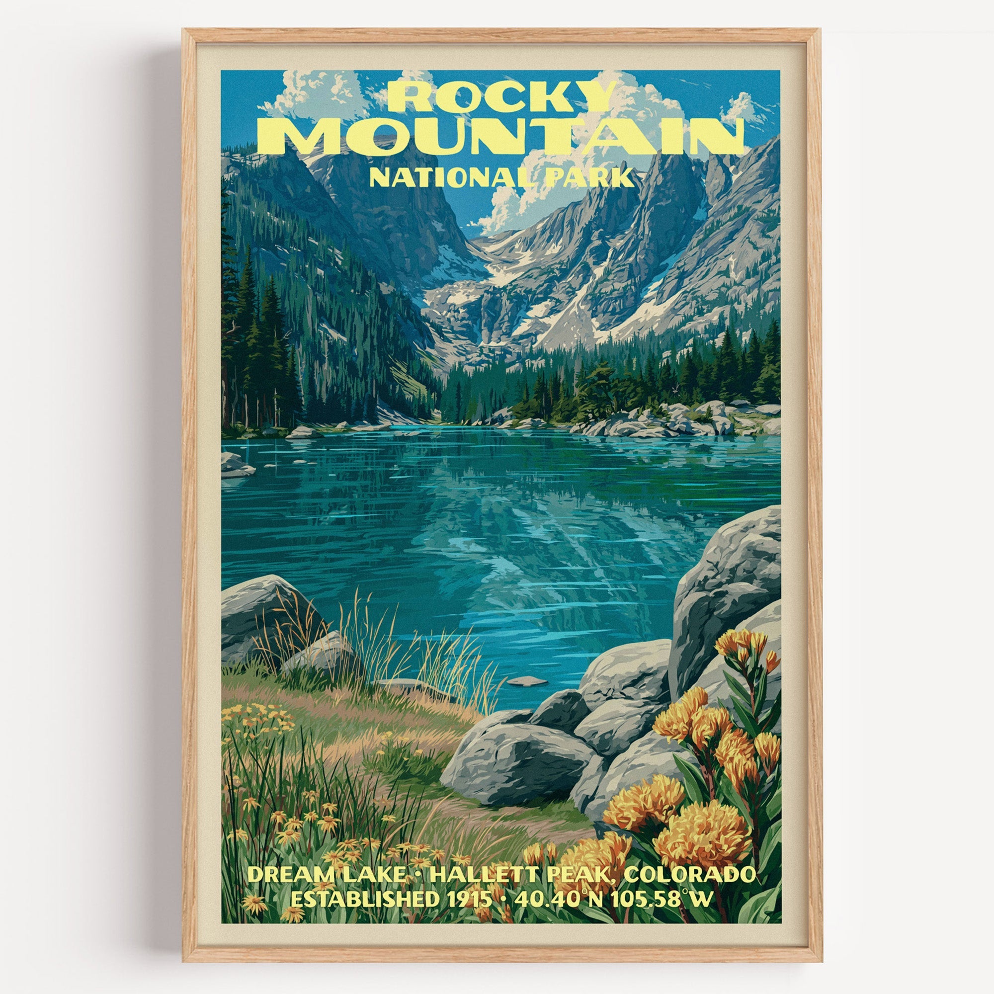 Dream Lake Rocky Mountain National Park vintage print in a light oak frame on a plain white wall