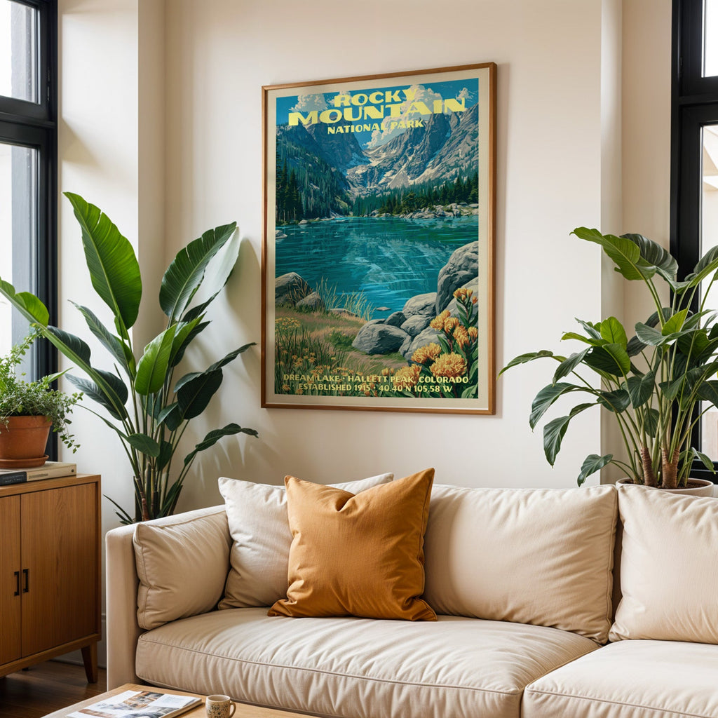 Rocky Mountain vintage travel print in oak above a cream sofa with a rust cushion and tall houseplants