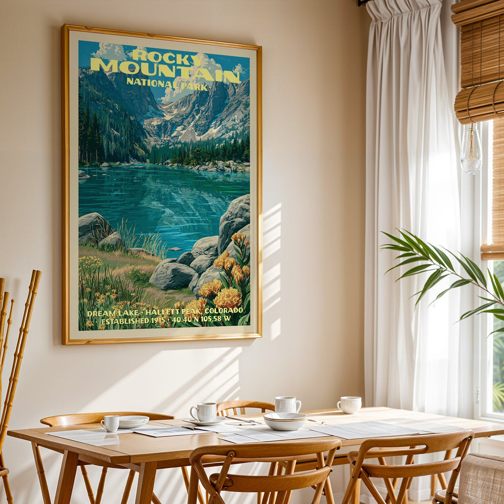 Rocky Mountain National Park print in gold above a light oak dining table by a curtained window