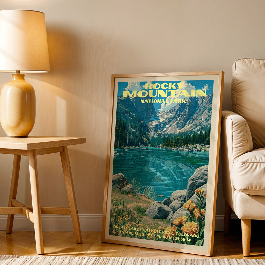Dream Lake Rocky Mountain wall art in oak, leaning by an armchair and a side table with an ochre lamp