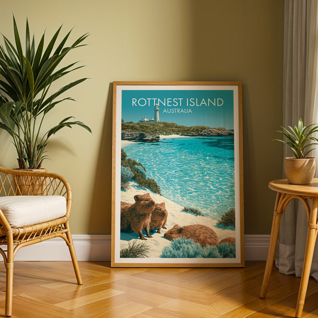 Rottnest coastal poster in an oak frame on herringbone parquet with an olive wall and rattan chair