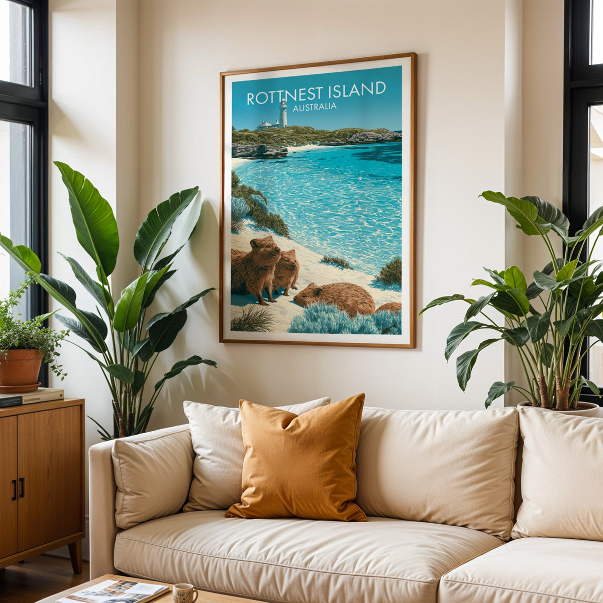 Framed quokka island art above a cream sofa with a burnt-orange cushion and tall tropical plants
