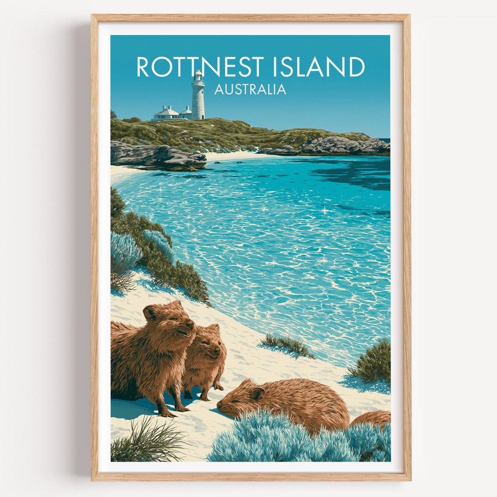 Rottnest Island quokka travel poster in a light oak frame on a plain white wall