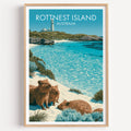 Rottnest Island quokka travel poster in a light oak frame on a plain white wall