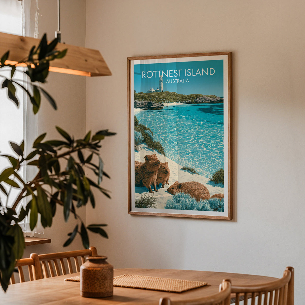 Quokka dune wall art in a dining corner above an oak table with spindle chairs and a pendant light