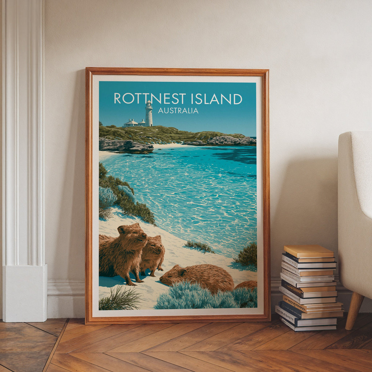 Western Australia island poster in a walnut frame on herringbone floor beside book stacks and an armchair